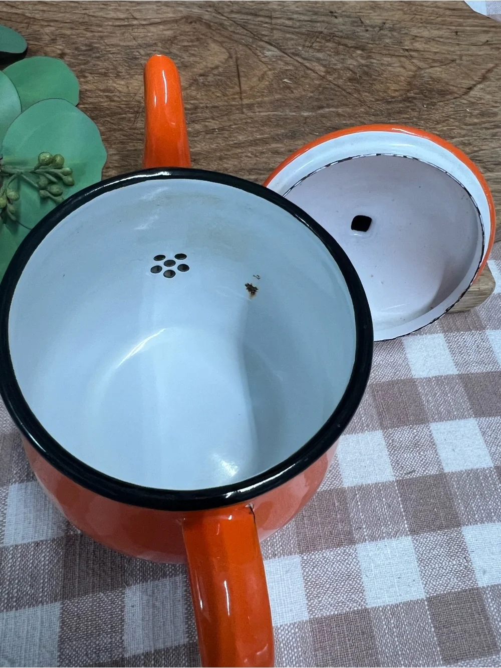 Vintage enamel teapot orange and black small one serving retro